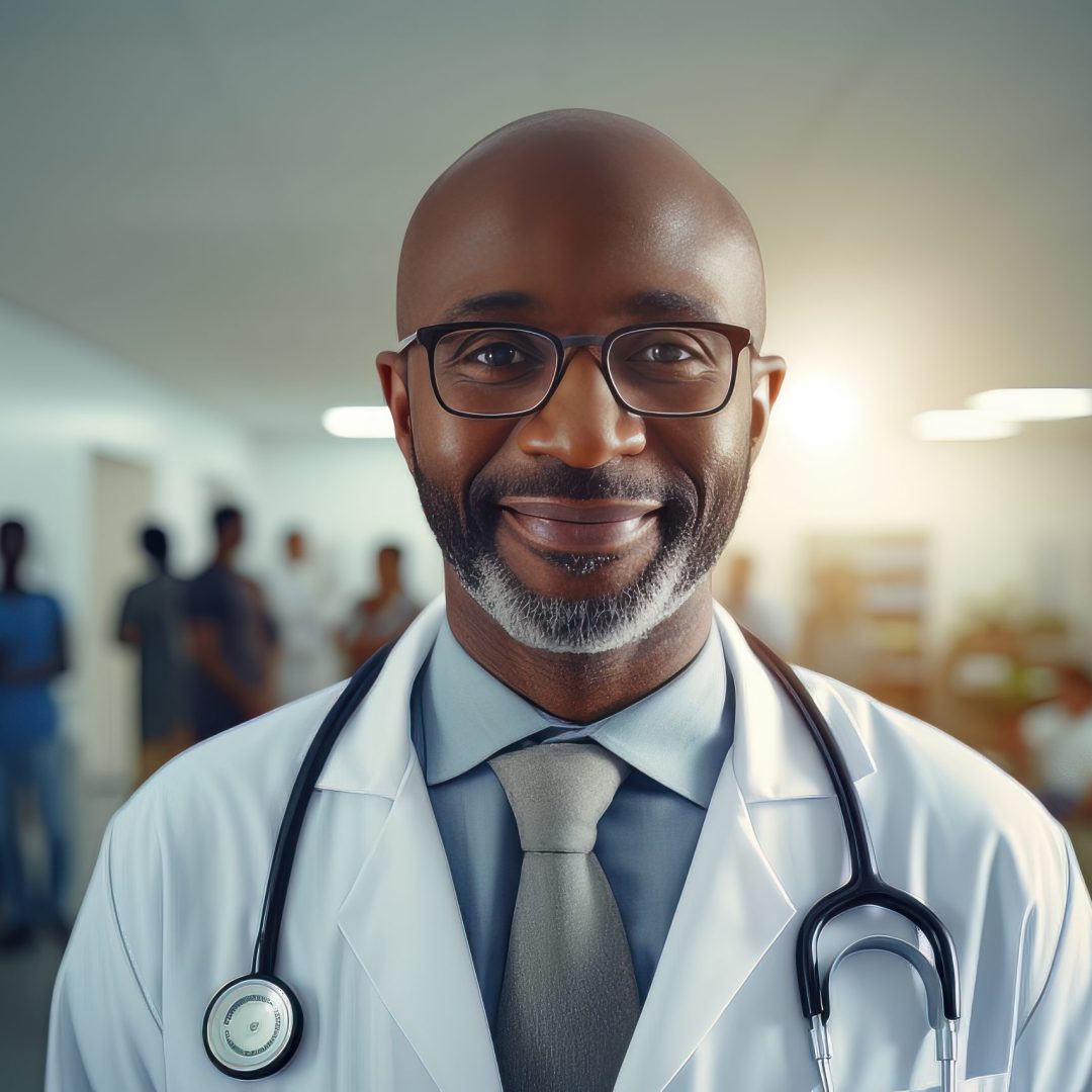 Portrait of an African Doctor with Stethoscope in the Hospital, Experienced Senior Medical Doctor Smiling and Looking at Camera. Generative Ai