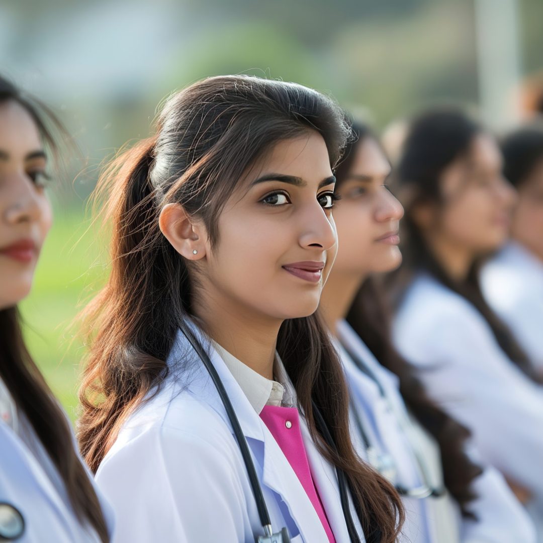 Students of the Indian Medical University in white coats and with stethoscopes stand in a row
